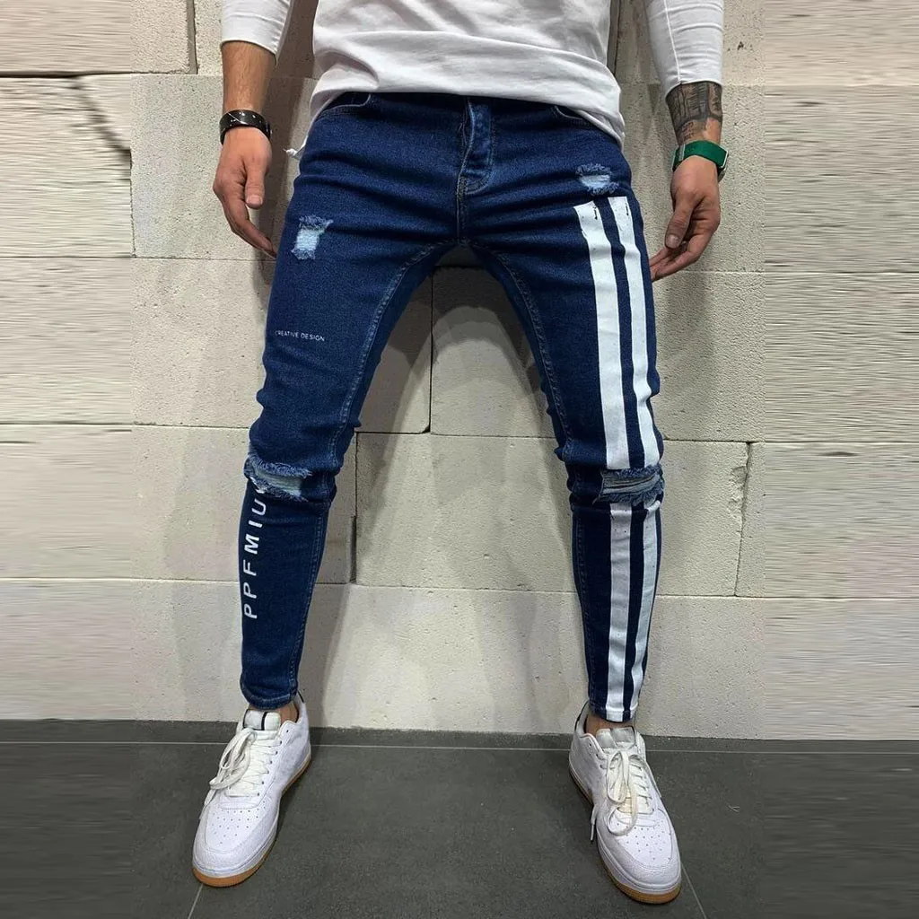 

Men Striped Zipper Denim Hole Vintage Wash Hip Hop Work Trousers Jeans Pants