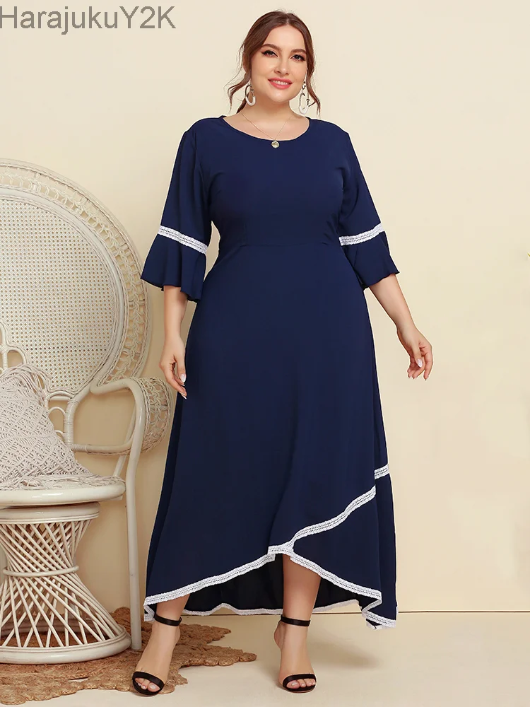 

2022 Plus Size Women Clothing Short Sleeve O Neck solid color Party Dresses Summer Street Fashion Casual For Long Dress