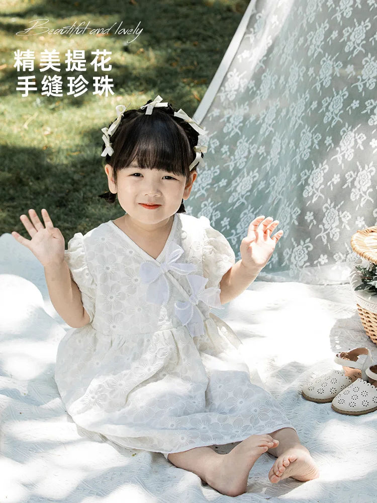 

Girls Dresses 2022 Summer New Oblique Placket Bow Children's Cute Embroidered Dress