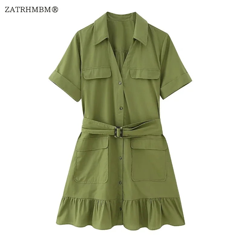 

ZATRHMBM Women 2023 Summer Fashion With Belt Poplin Dress Vintage Short Sleeve Button Up Female Dresses Vestidos Mujer