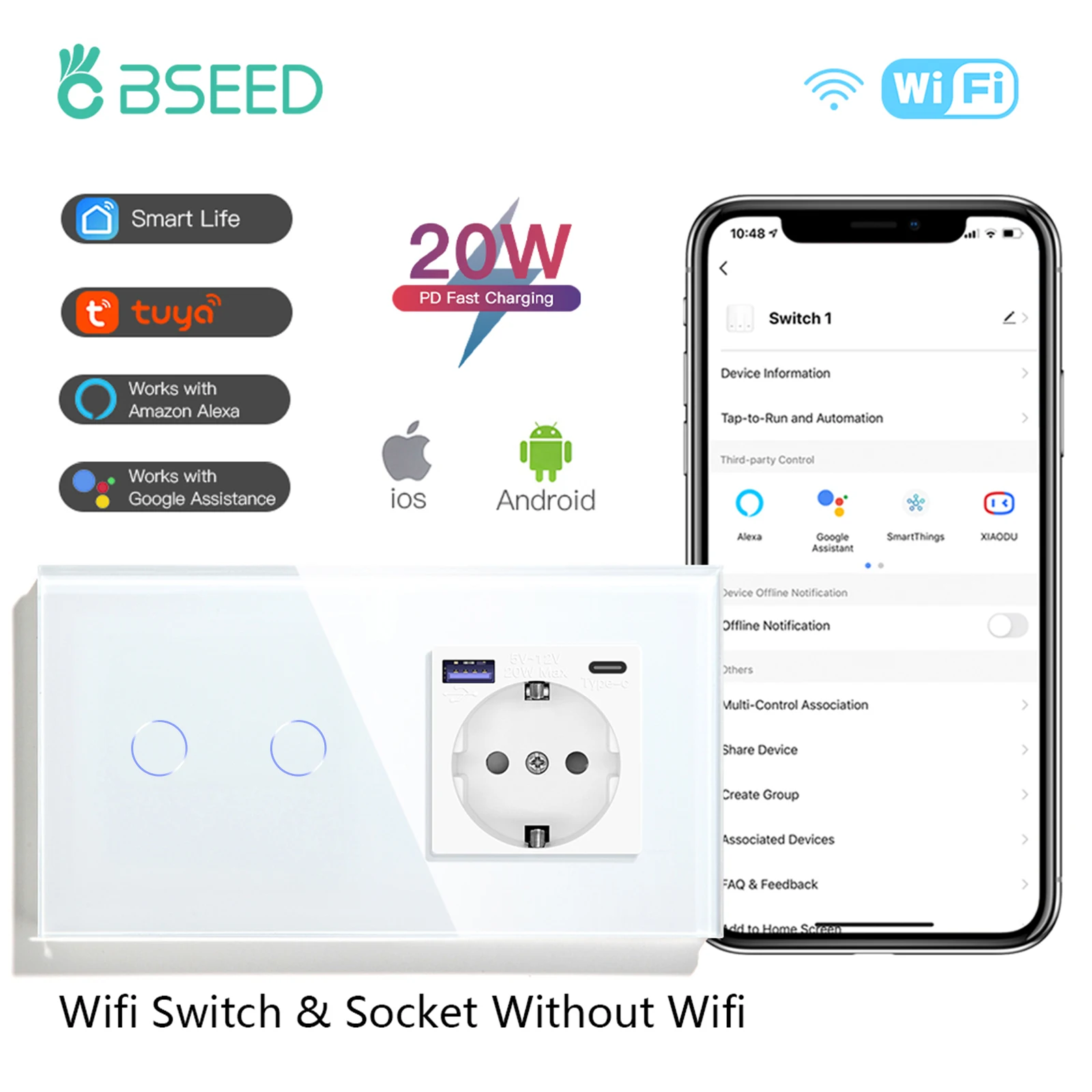 

BSEED Умный выключатель WiFi 1/2/3 Gang с USB портом