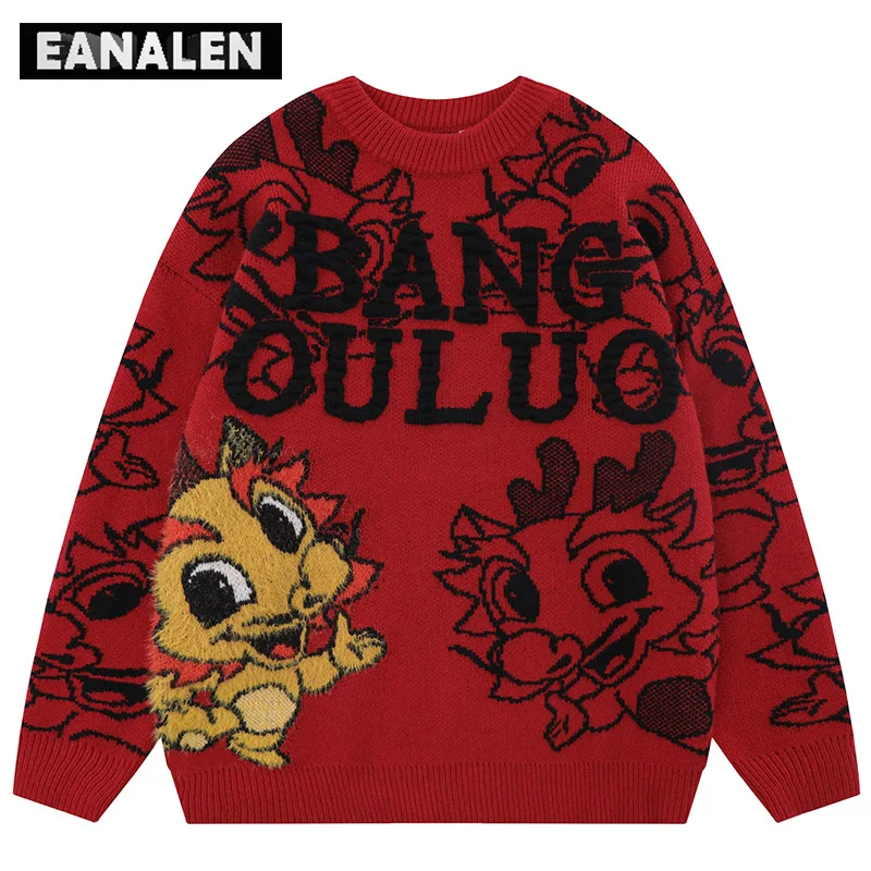

Свитер в стиле Харадзюку с изображением Красного китайского дракона, женский зимний винтажный вязаный пуловер большого размера с изображением граффити и изображением дедушки, уродливый свитер для мужчин