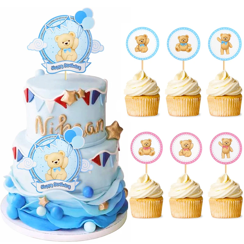 

Cartoon Pink Blue Bear Cupcake Toppers Cake Picks for Birthday Baby Shower Gender Reveal Wedding Theme Party Decoration Supplies