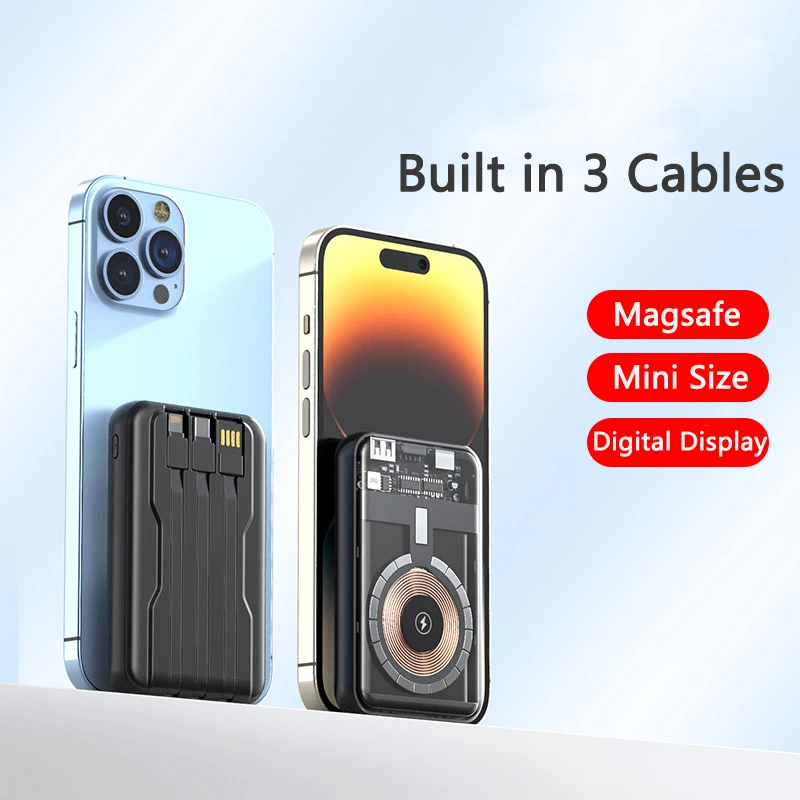 Внешний аккумулятор на 20000 мАч со встроенным кабелем и цифровым дисплеем