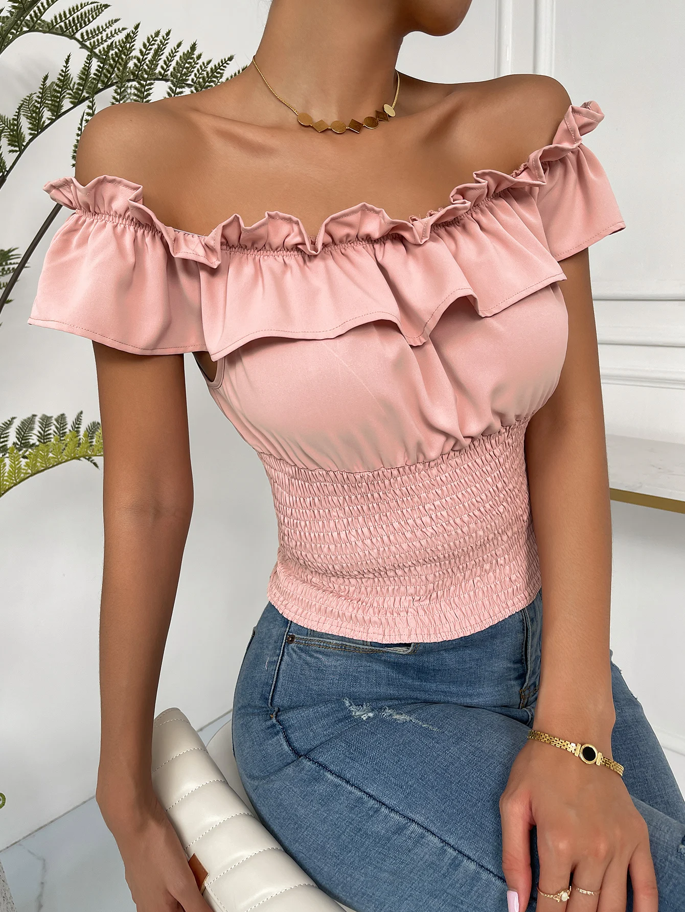 

Women Tee Off Shoulder Ruffle Trim Shirred Hem Top Summer Dusty Pink Boho Plain Short Sleeve Regular Fit Butterfly Pullovers