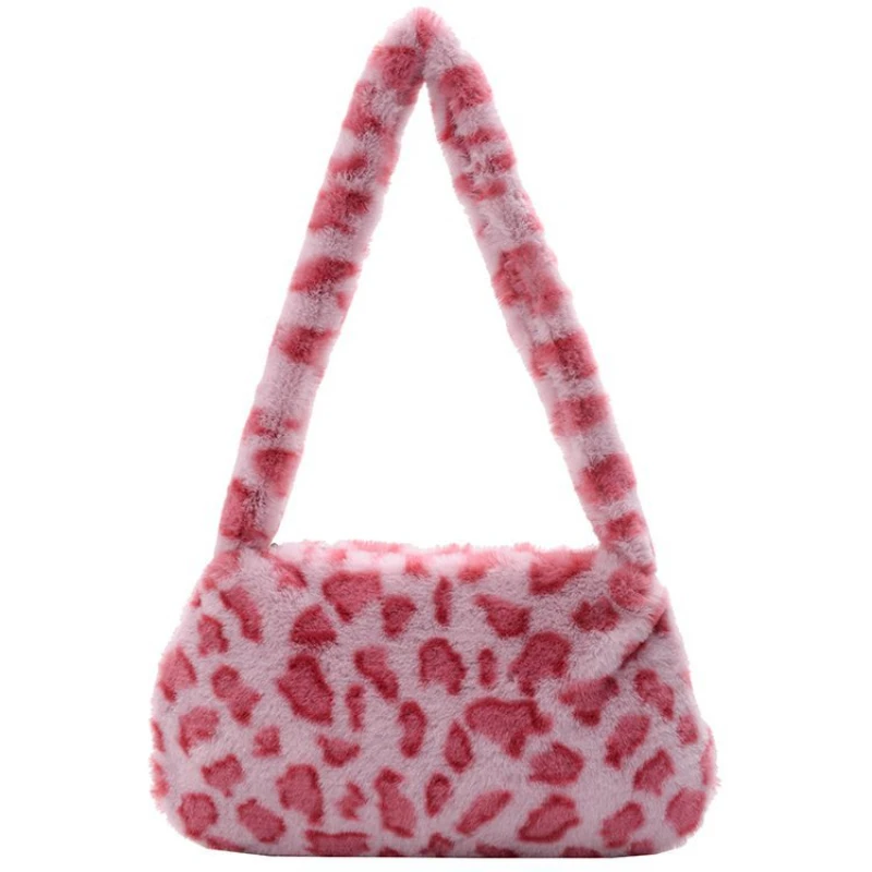 

Fashion Women Cow Print Mini Shoulder Bags Female Winter Plush Underarm Bags Leopard Zebra Pattern Fluffy Tote Bags Small Purses
