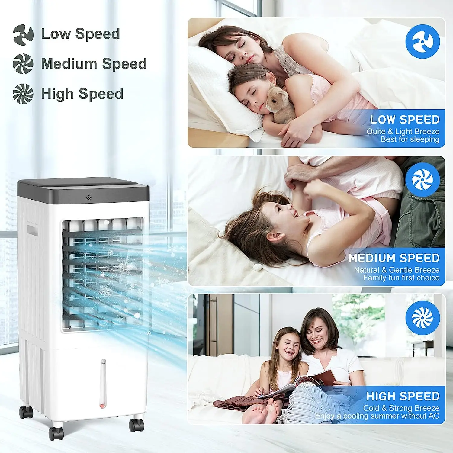 

Air Conditioners,3-IN-1 Air Conditioner Portable for Room, Evaporative Air Cooler with 3 Gal Tank, 3 Speeds&7H Timer, 60° O