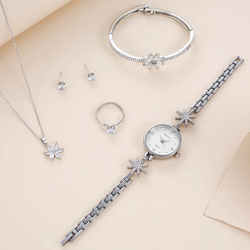 2023 Hot Selling Exquisite Love Snowflake Creative Flower Bracelet Women's Leisure Watch Set Holiday Girlfriend Gift Set