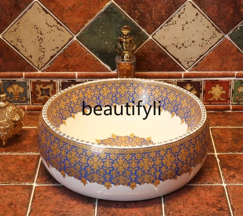 Европейская художественная настольная раковина круглая керамическая для ванной