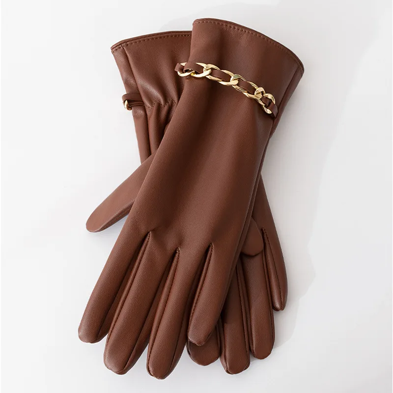 

Women's Autumn and Winter UP Leather Plush Warm Gloves Fashion Metal Chain Thickened Waterproof Riding Gloves