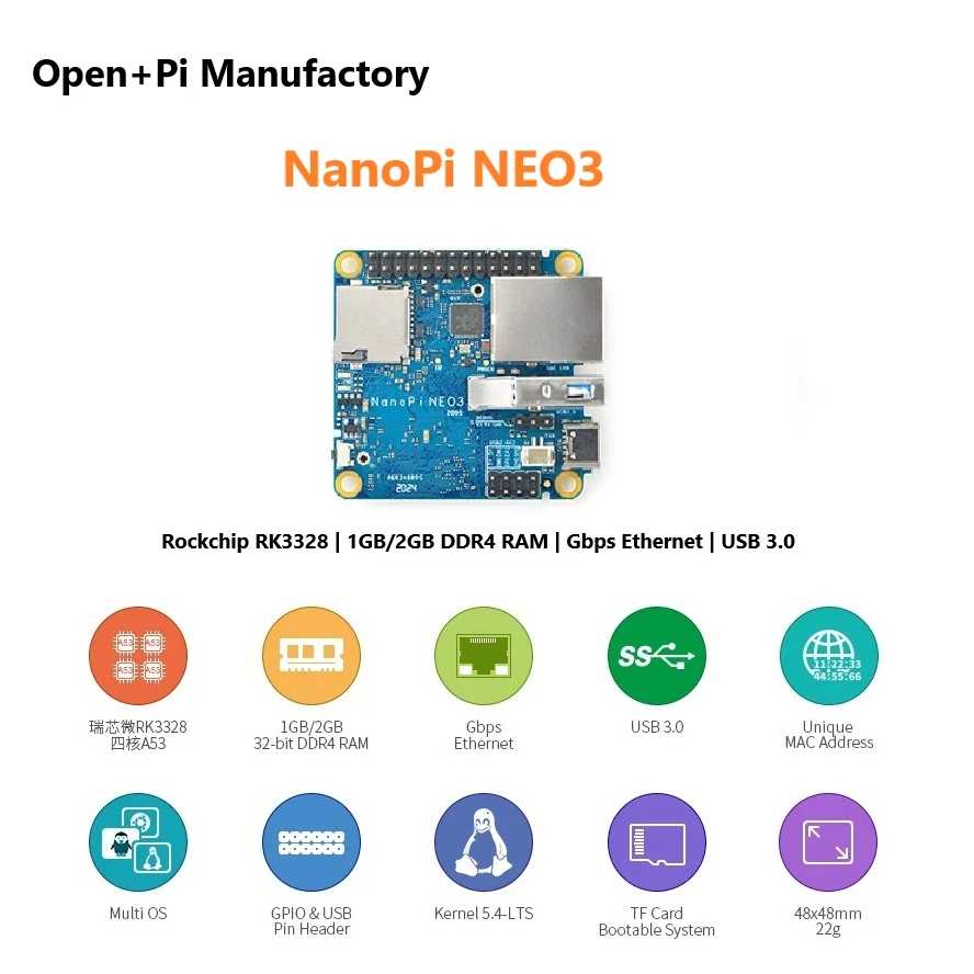 OpenPi Nano Neo3 Development board 1G DDR4 RAM Rockchip RK3328 Quad Cortex-A53 Upto 1.3GHz 1GB Ethernet Ubuntu Multi Lunix