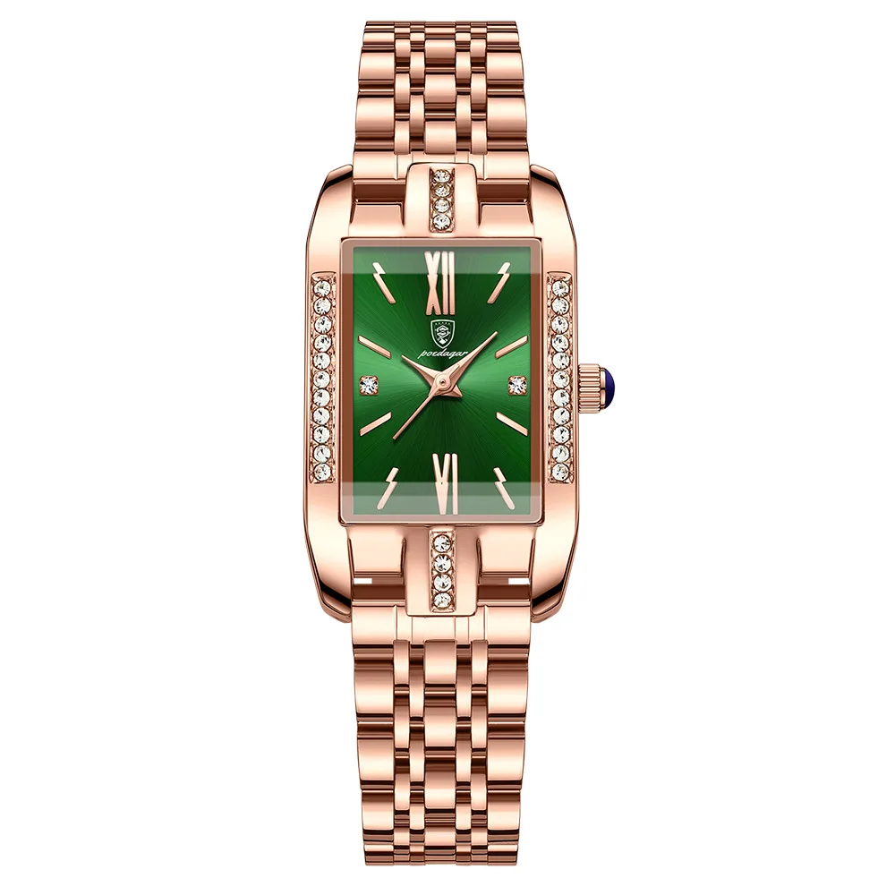 POEDAGAR Fashion Waterproof Women's Quartz Watch Steel Belt Versatile Watch Square Green Watch Retro Noble Temperament