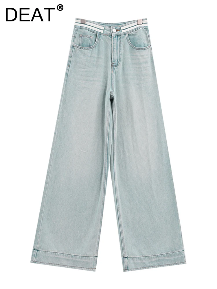 

DEAT Women's Jeans High Waist Patchwork Pocket Blue Straight Wide Leg Denim Full Length Pants 2023 Summer New Fashion 29L830