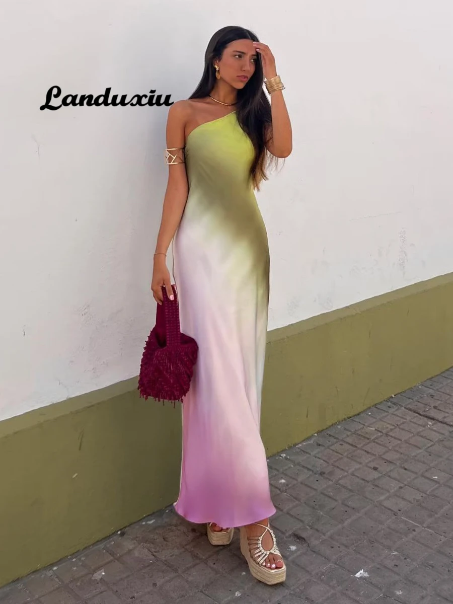 

LANDUXIUTie Dye Long Dress Women Asymmertic Satin Backless Dress Woman Off Shoulder Sexy Evening Party Dresses Midi Summer Dress