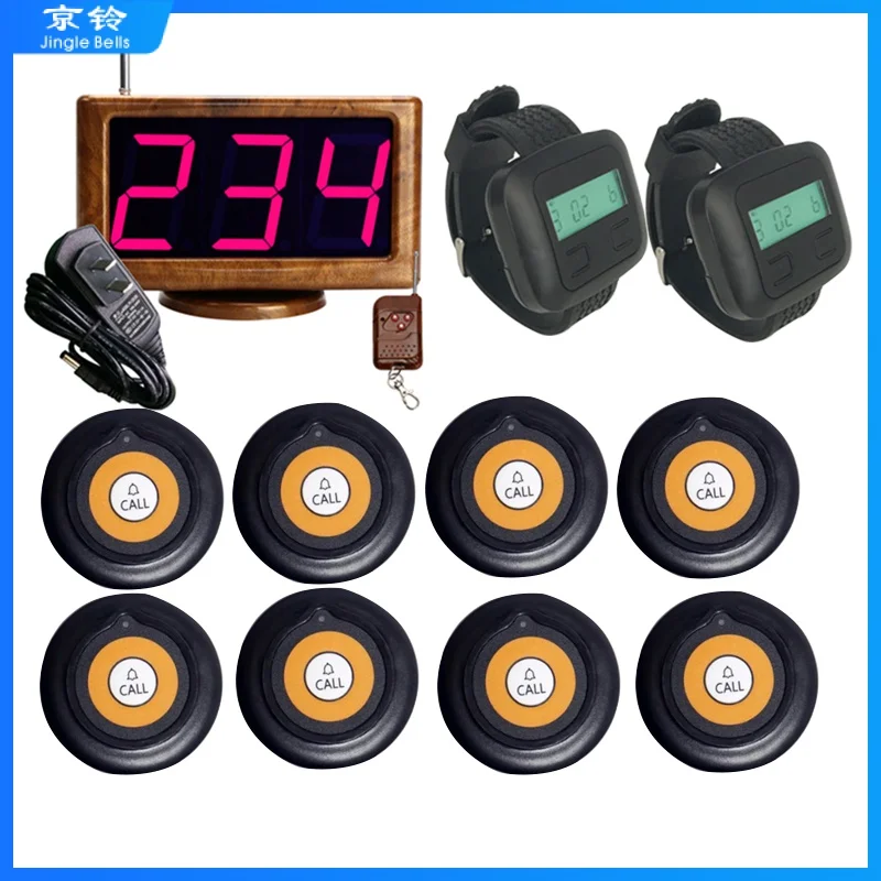 Wireless Calling System 1 Host LED Display Receiver + 8 Buttons Transmitter +2 Wrist Watches Waiter for Restaurant Equipments