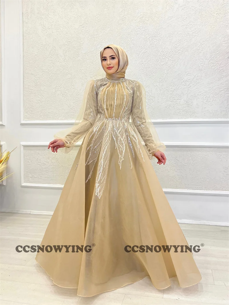 

Full Sleeve Muslim Evening Dress Islamic Organza Appliques Hijab Formal Party Gown High Neck Arabia Dubai Kaftan Robe De Soiree