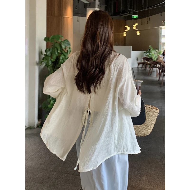 

Женская летняя однобортная рубашка, однотонная плиссированная рубашка с защитой от солнца