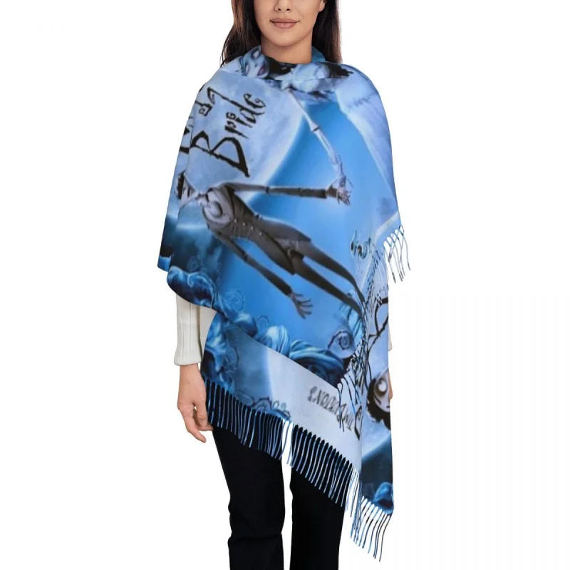 

Tim Burton Corpse Bride Scarf Wrap Women Long Winter Fall Warm Tassel Shawl Unisex Halloween Horror Scary Movie Scarves