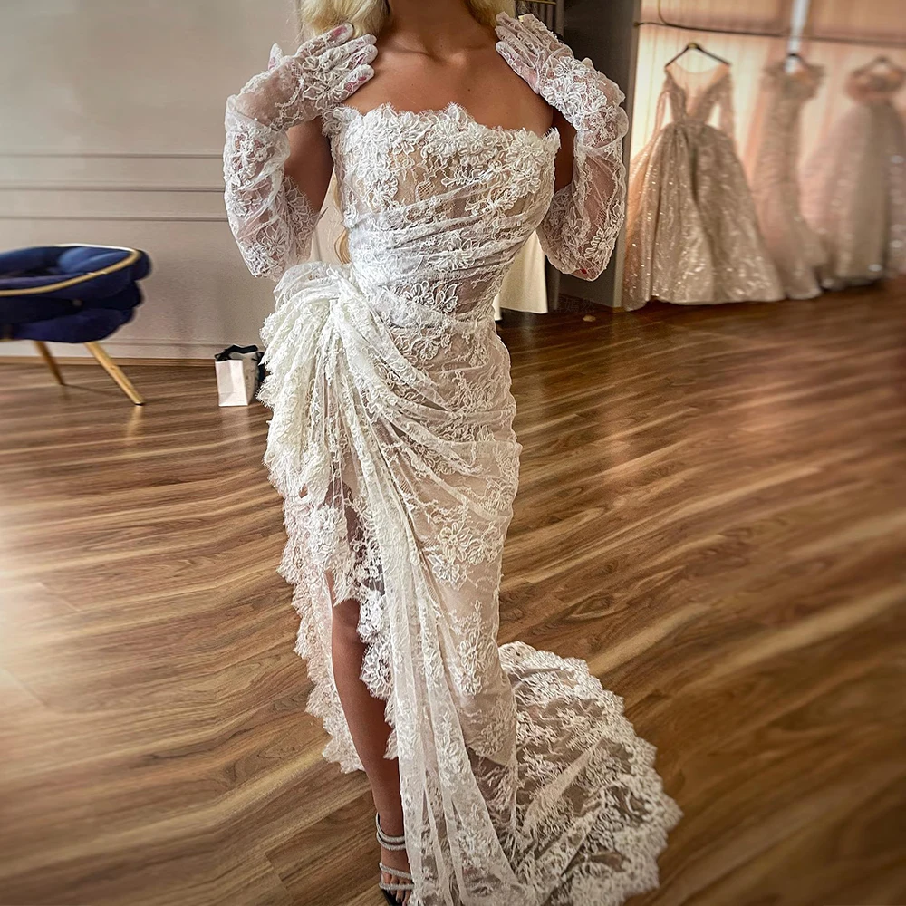 

Lace Formal Party Dresses 2022 Women Strapless Lace Applique Mermaid Wedding Guest Dress Sweep Train Split Sexy Evening Gowns