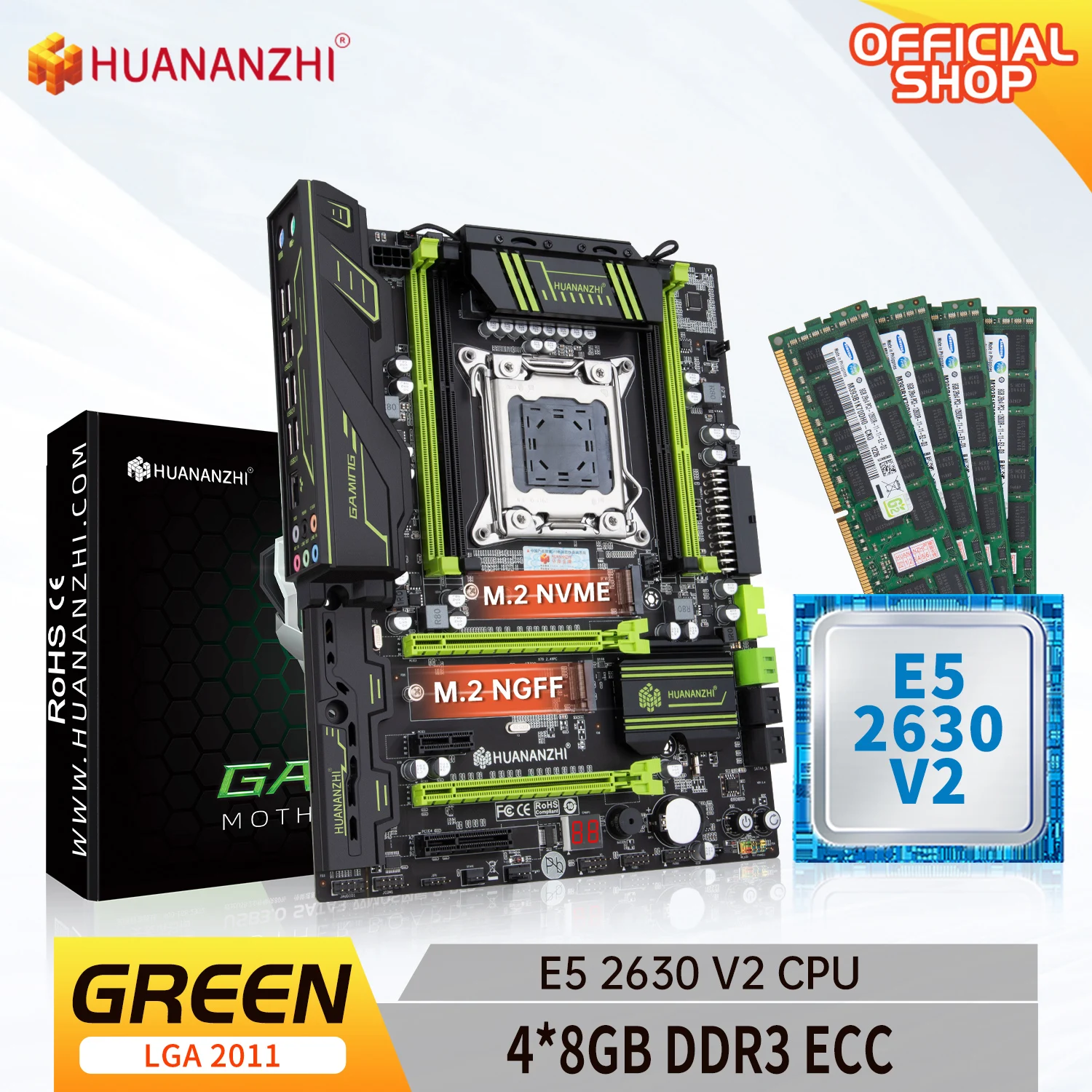 

HUANANZHI GREEN 2.49 LGA 2011 motherboard with Intel XEON E5 2630 V2 with 4*8G DDR3 RECC memory combo kit set SATA USB3.0 NVME