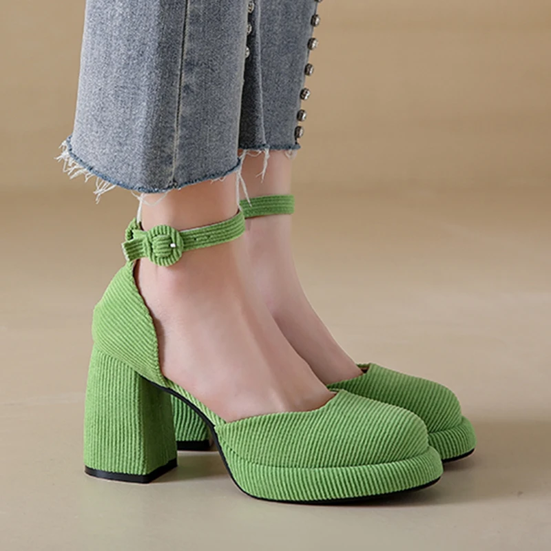 

Green High Heels Pumps Women 2023 Autumn Ankle Straps Chunky Platform Mary Jane Shoes Woman Corduroy Thick Heeled Party Shoes