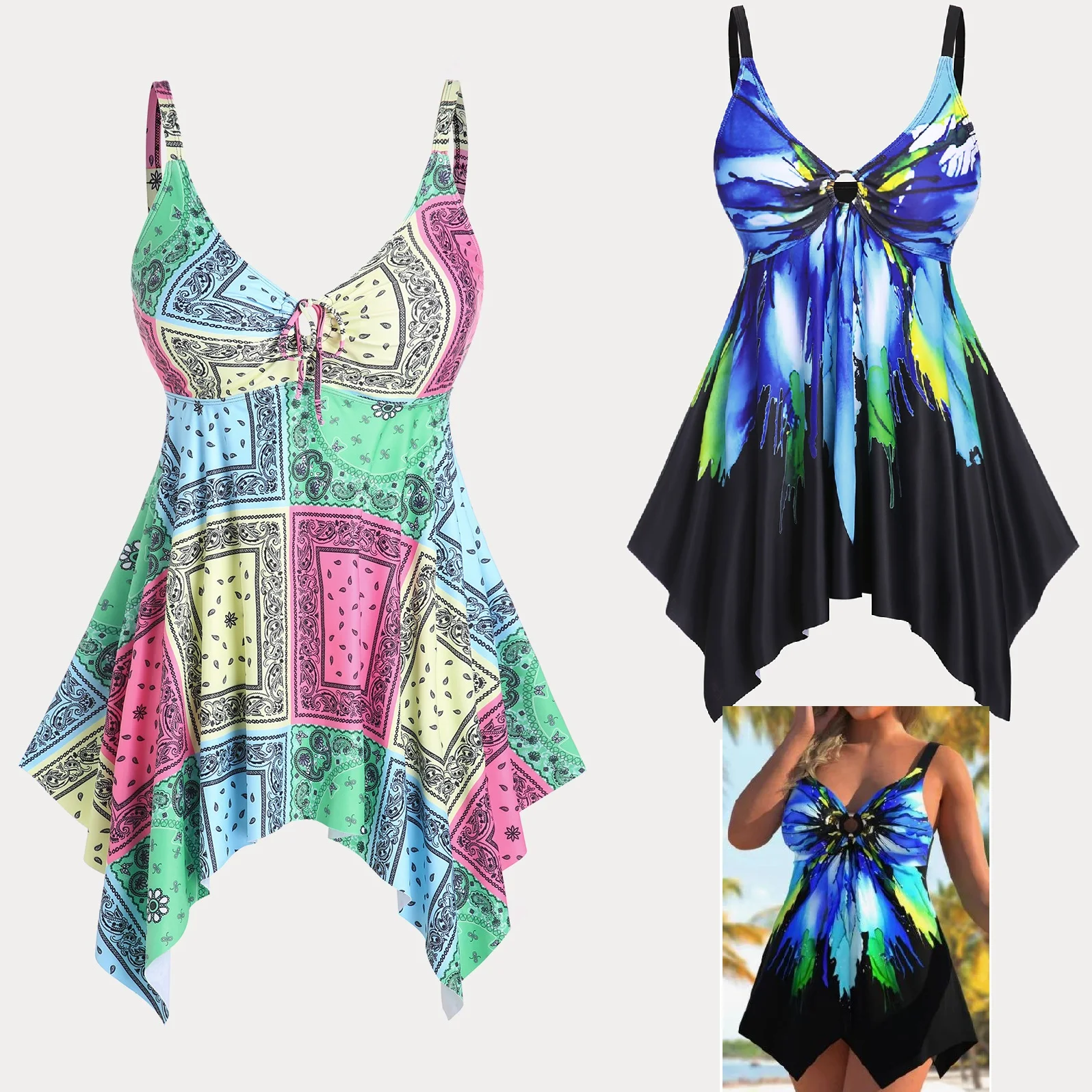 

Swimwear Ladies Two Piece High Waisted Bikini Paisley Geometric Padded Handkerchief Modest Tankini Swimsuit For Women