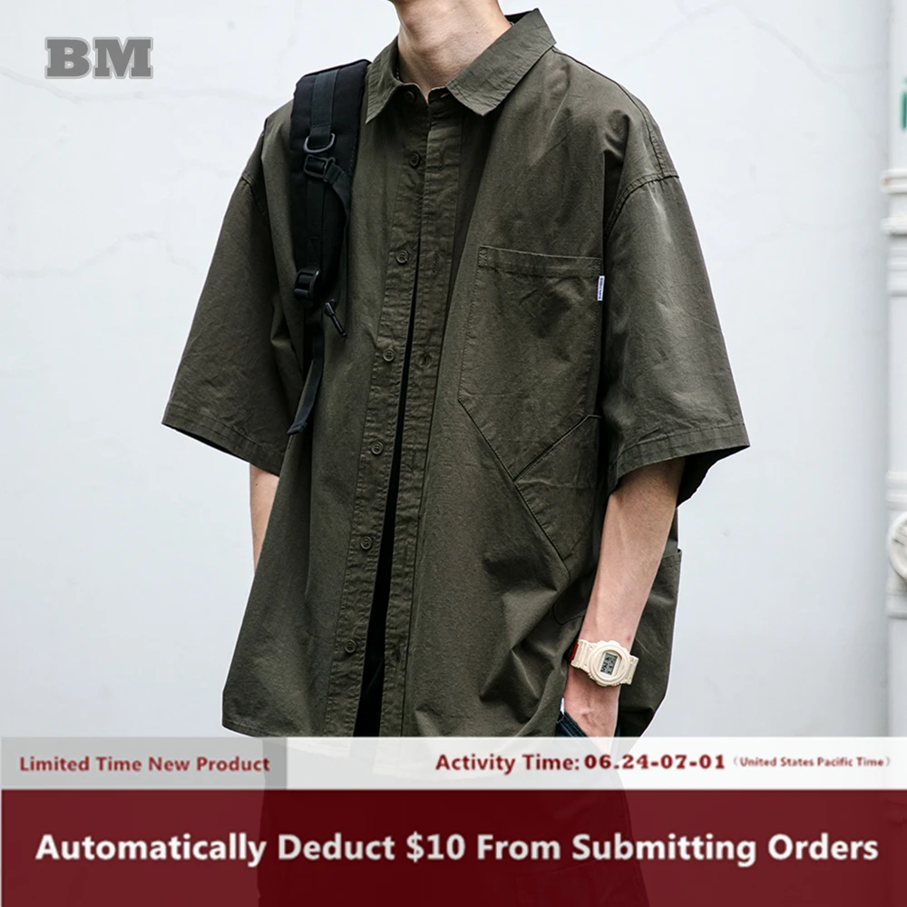 

Рубашка мужская с коротким рукавом, уличная одежда в японском стиле, повседневная винтажная Свободная кофта-карго в стиле Харадзюку, лето