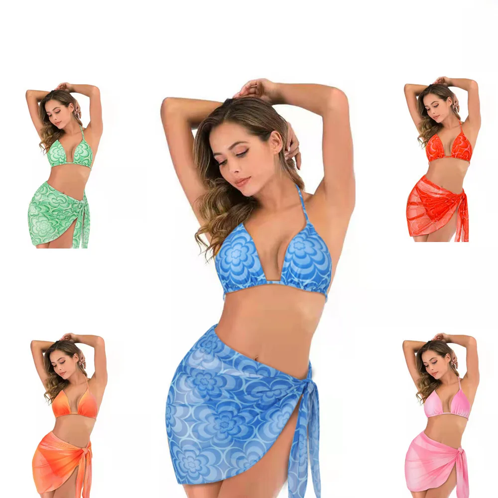 

2022 New Women's Swimwear Three-pieces Flower Print Gauze Belly-cover Dress Lace-up Bikini Suits Colorful Beachwear