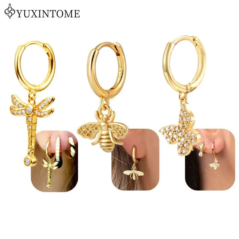 Серебряные серьги-кольца YUXINTOME с подвеской стрекоза/пчела/бабочка