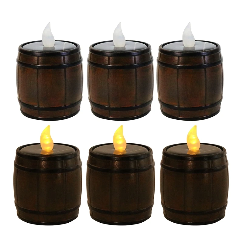 

New 6Pack Solar Sensor Candle Wine Barrel Shaped Tea Light Warm White Flicker LED Night Lamp Event Wedding Party Decorates