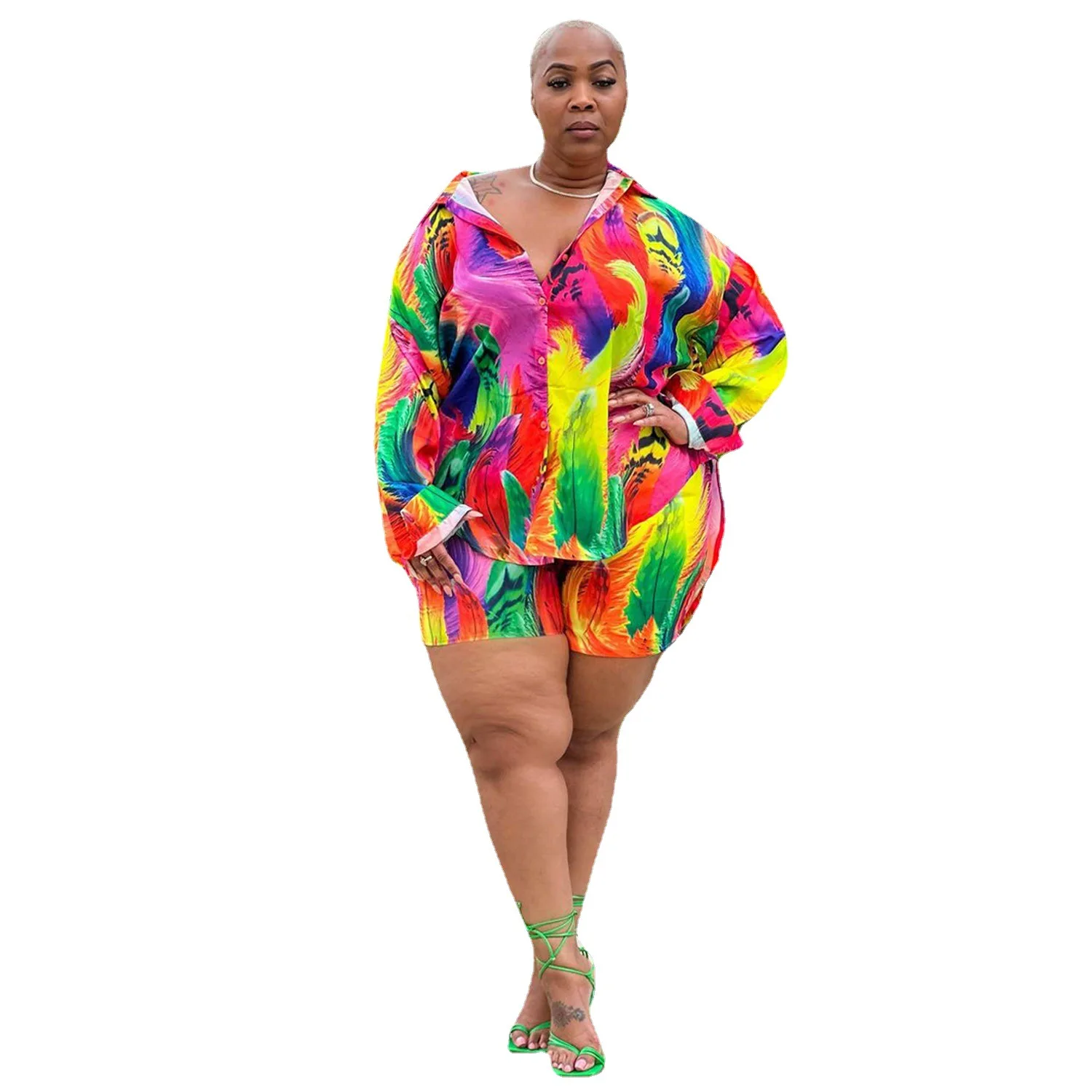 

Summer Multicolor Printing Woman Shirt Se Two-piece Set Long Sleeves T Shirt Button Shorts Streetwear Holidays