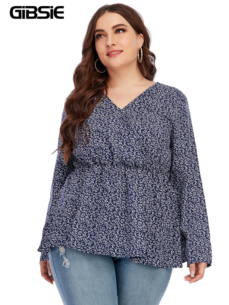 Женская блузка с V-образным вырезом длинным рукавом и баской |