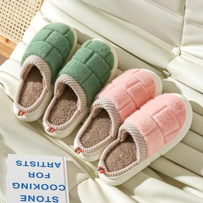 2023 Winter New Home Women's Slippers Fashion Square Checker Warm Cotton Slippers Plush Cotton Shoes Couple Floor Slippers