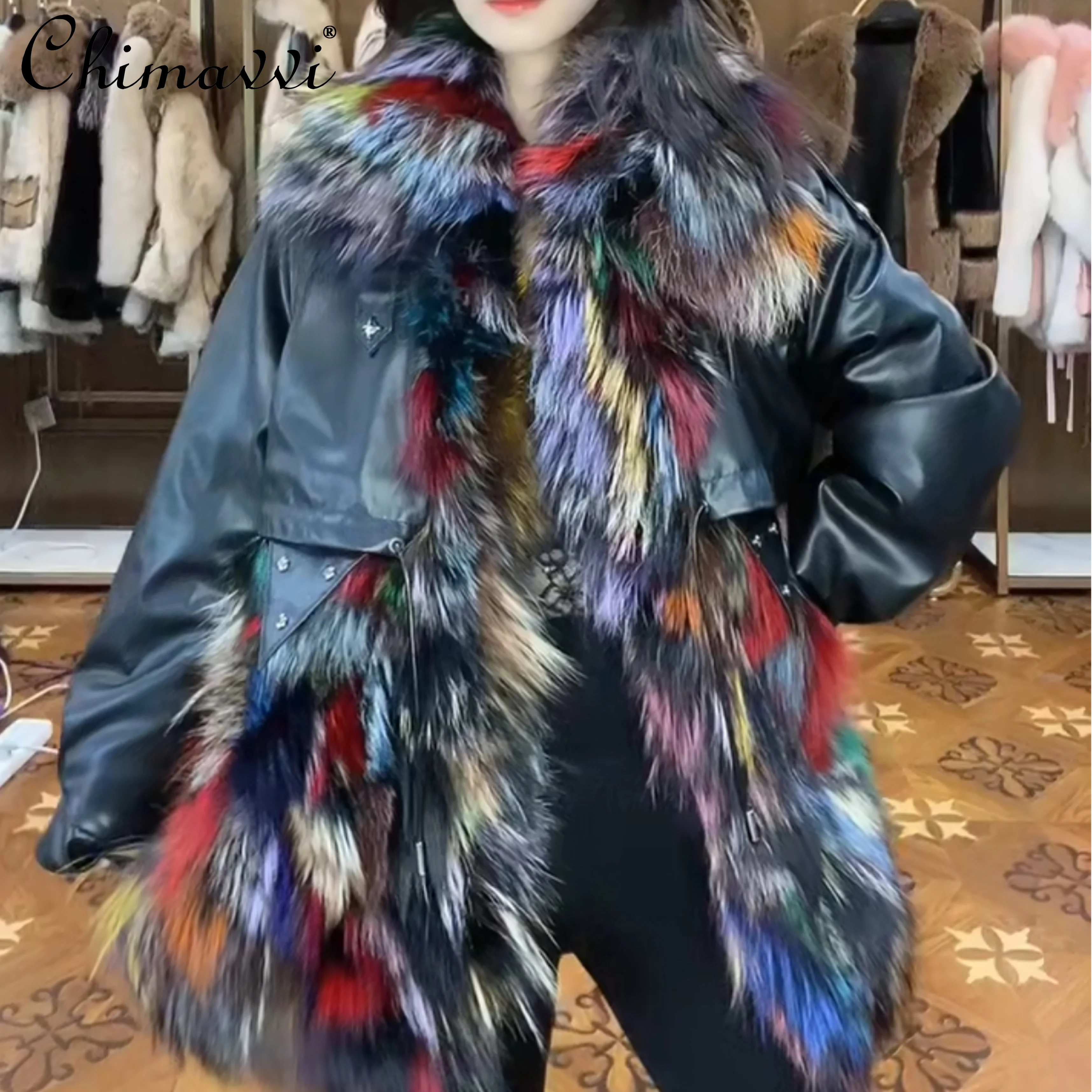 New 2022 Winter Coat Women High-End Fox Fur with Leather Heavy Fur Jacket Long-Sleeved Feminine Mid-Length Warm Slim Fur Coats