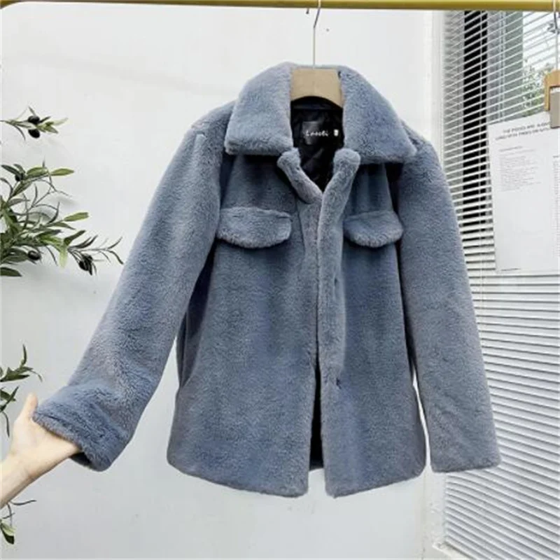 Imitation fur coat women's winter new korean lapel loose thick fur jackets pocket blue дубленка женская зимняя куртка зимняя жен