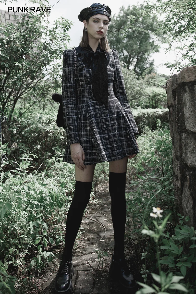 

Small V-stand Collar Waist Dress Long Sleeve Dresses A-Line Party Club Puff Sleeve Girl Dress PUNK RAVE Women's Bow Collect