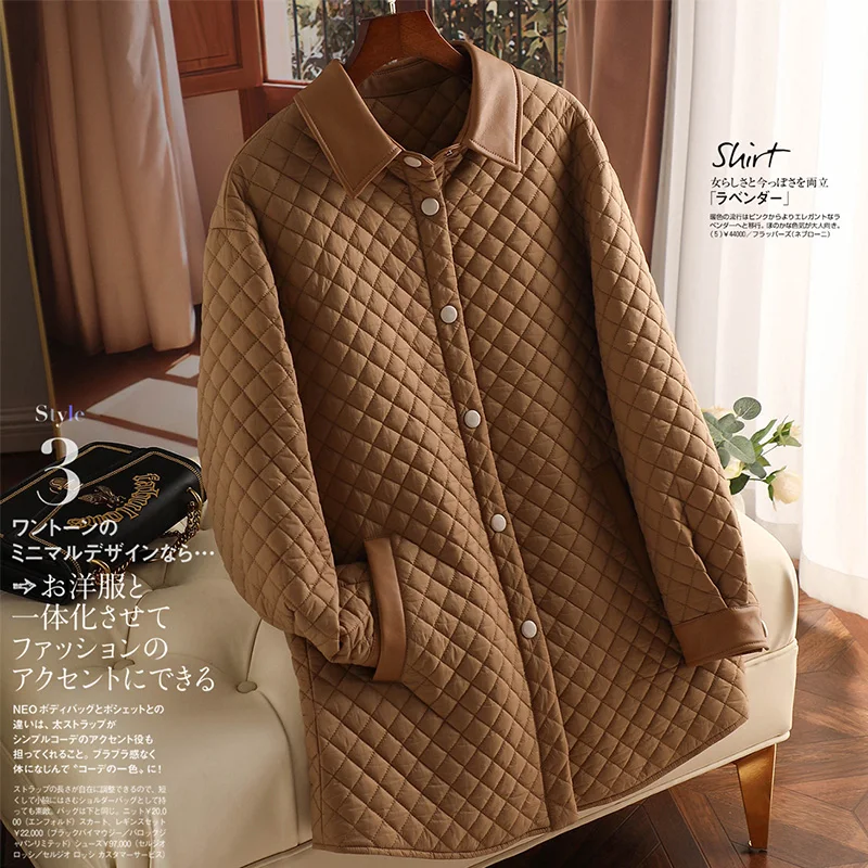 Luxury High Quality Thin Argyle Spliced Sheepskin Winter Coat Women  High Street  Autumn/Winter  Covered Button  Jacket Women
