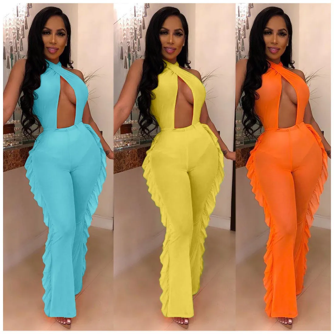

Summer Beach Wear Jumpsuit Women Sexy Halter Hollow Out Sheer Mesh See Through Ruffles Slim Club Party Bodysuit Romper Jumpsuit