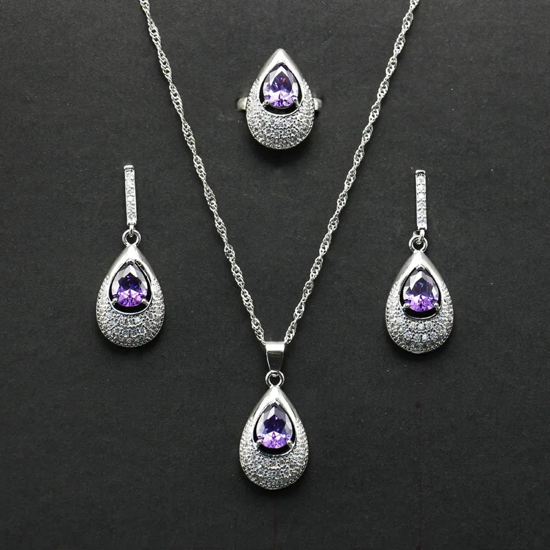 

European and American Ornament Graceful and Fashionable Metal Rhinestone Water Drop Gem Necklace Ring Earrings Set Bridal Access