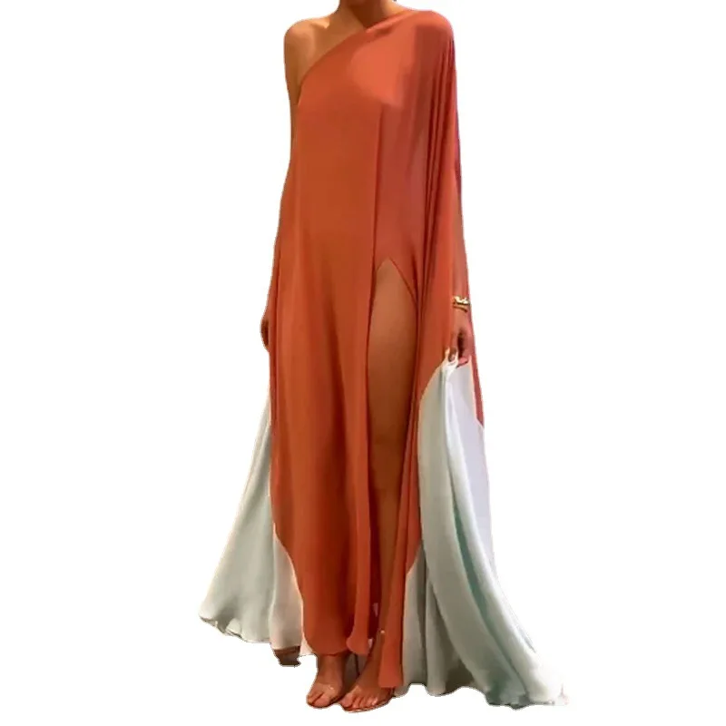 

2023 Summer New Hot Selling Fashion Casual Women's One Shoulder Loose Contrast Color Long Dress