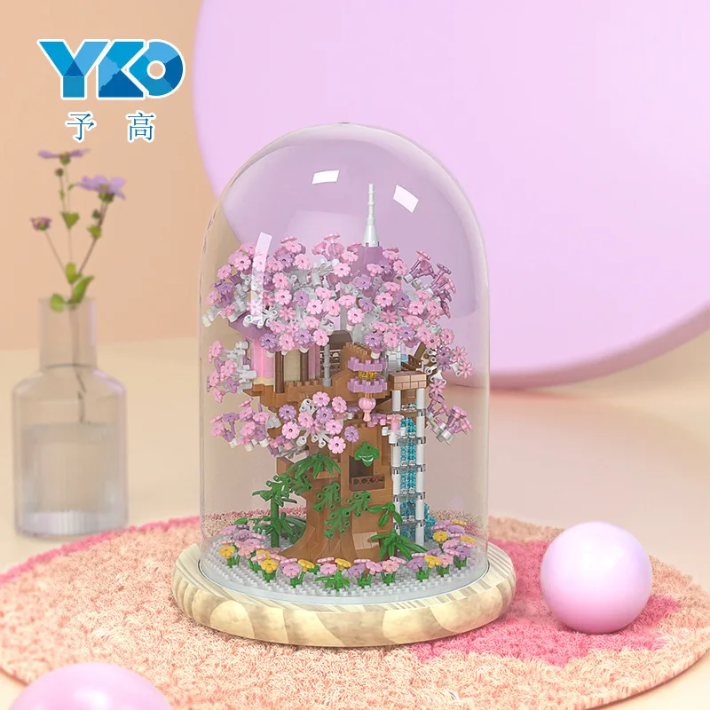 

Sakura Tree House Micro Building Blocks Moon Palace Tao Hua Tan 3D Model Assembled Mini Brick Figure Toy With Display LED Light