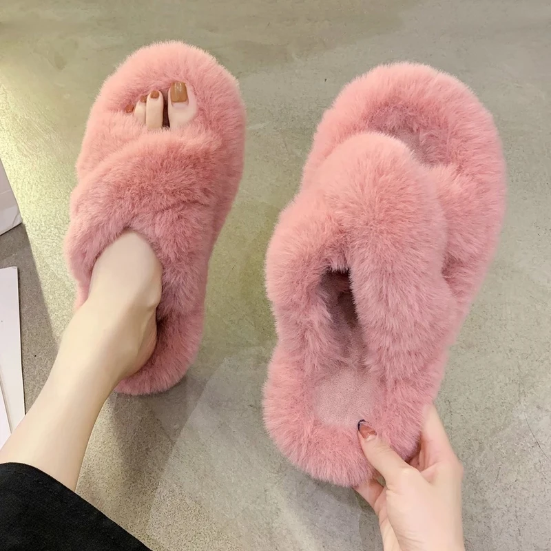 winter house women fur slippers fashion cross band warm plush ladies fluffy shoes cozy open toe indoor fuzzy slides for girls free global shipping
