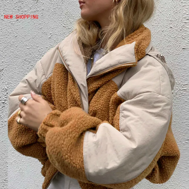 Patchwork Teddy Bubble Parkas Women Winter Thick Warm Cotton Coats High Quality Outwear Fur Trim Hooded Faux Fur Jacket Coats