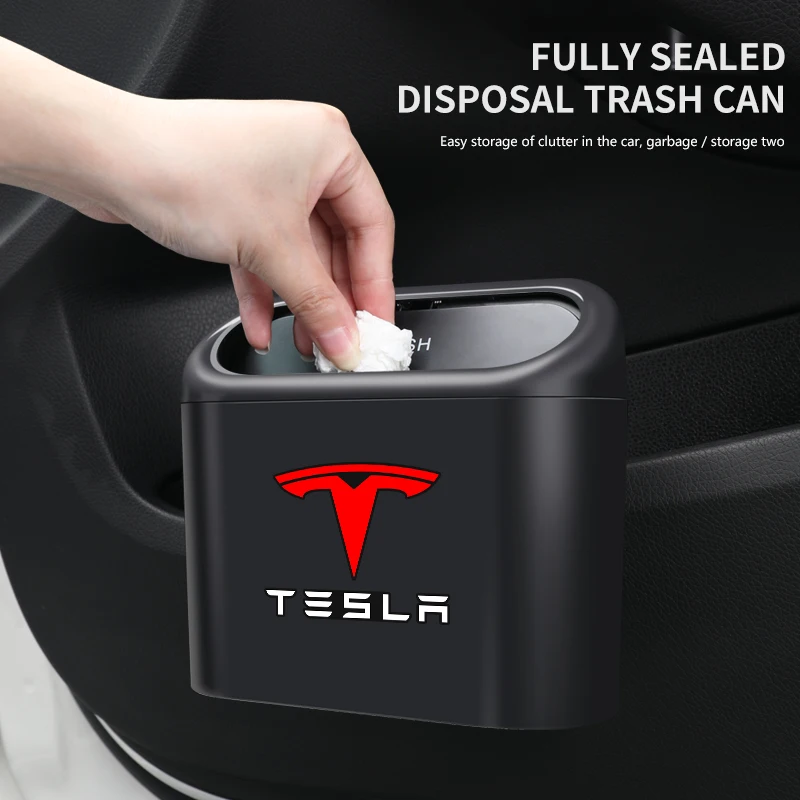 

Car Trash Bin Hanging Vehicle Garbage Auto Mini Trash Can with Lid Car Accessories for Tesla Model 3 Model Y Model S Roadster