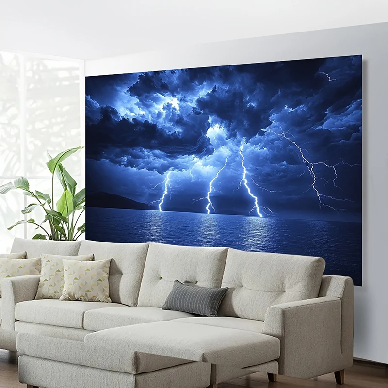 Фото Драматический настенный гобелен Lightning Storm Sea: смелый домашний декор ночной тематики для гостиной и спальни №2