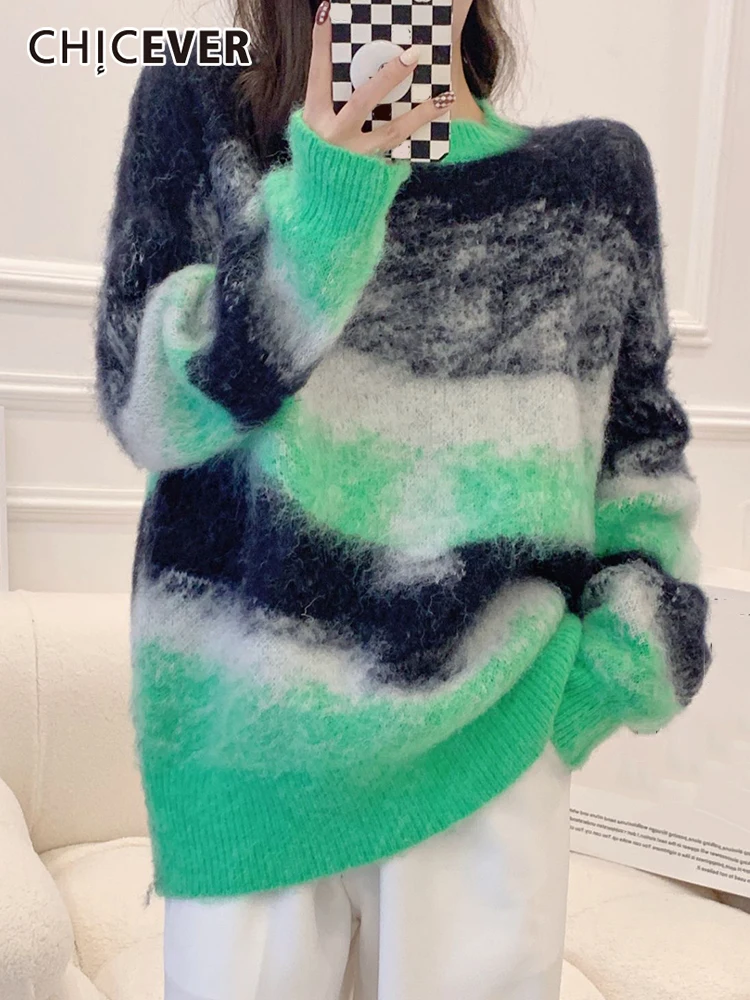 

CHICEVER Hit Color Sweaters For Women Round Neck Long Sleeve Knitting Striped Pullover Sweater Female Autumn Fashion 2022 New