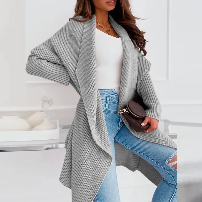 

Модный вязаный кардиган с лацканами, Осенний элегантный теплый мягкий Однотонный свитер, пальто, зимние повседневные свободные куртки с дл...