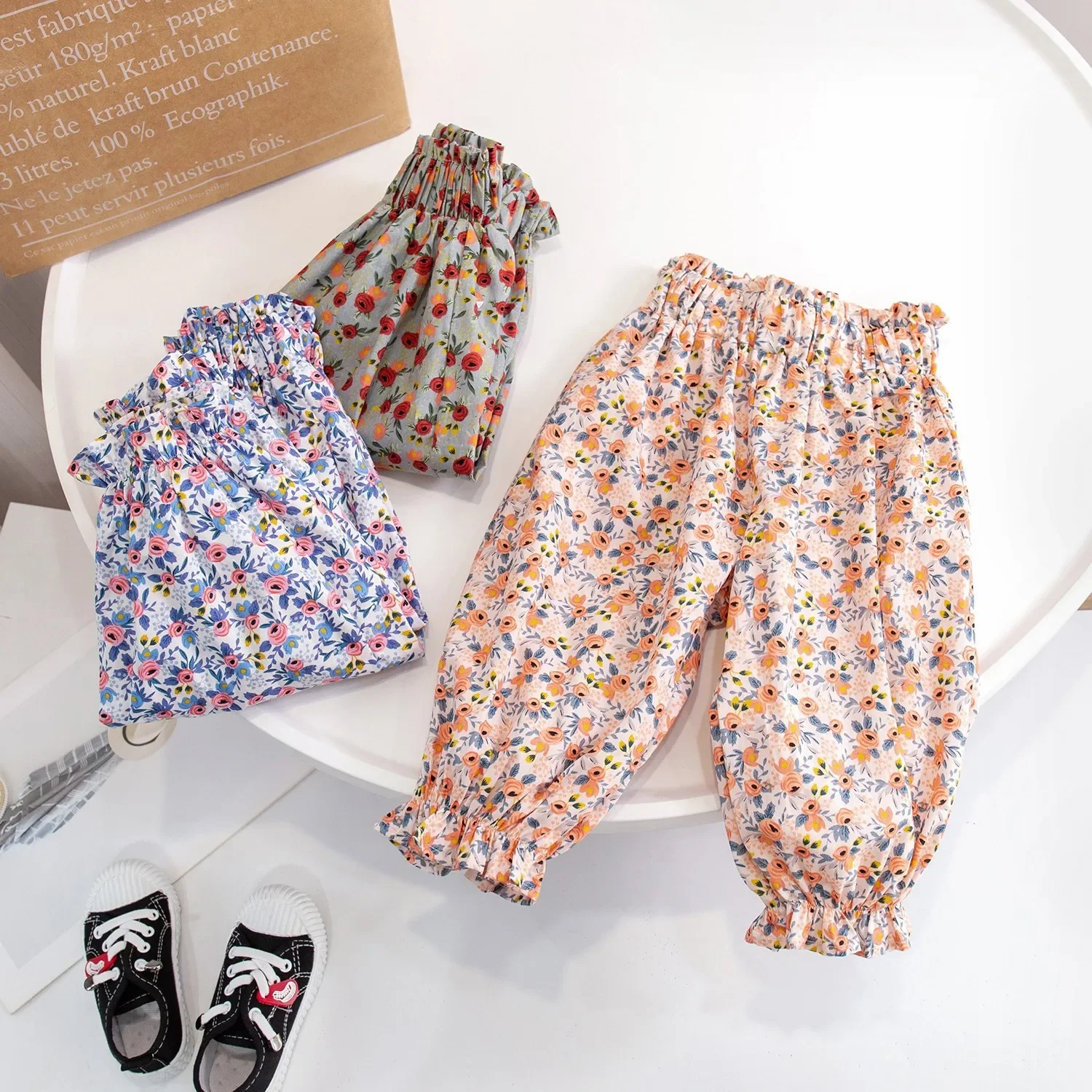 Детские Модные летние хлопковые тонкие свободные шаровары с рюшами Брюки для