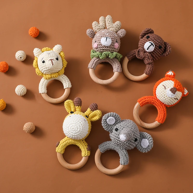 

1pc Baby Rattles Teether for Kids Animal Crochet Rattle Bunny Elephant Giraffe Ring Wooden Babies Gym Montessori Children's Toys