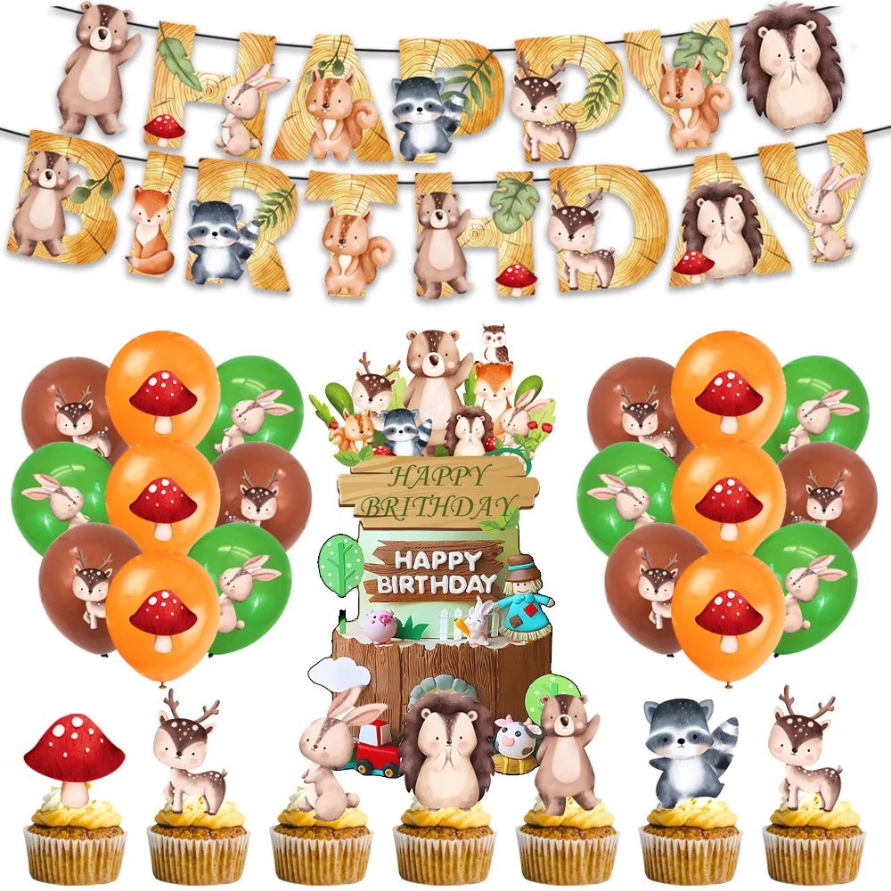 

Jungle Animal Birthday Theme Decoration Safari Mushroom Rabbit Deer Balloon Banner Cake Topper Forest Kids Birthday Party Decor